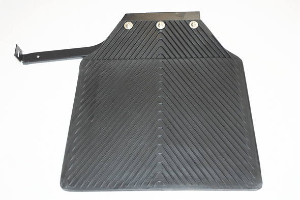Direct Replacement Rear Left Mudflap with Bracket for Defender 110/130 1986-2016 | LR055334, black mudflap with mounting bracket and diagonal tread pattern.