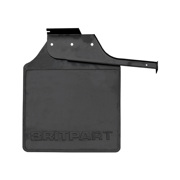 Direct Replacement Rear Left Mudflap with Bracket for Defender 110/130 1986-2016 | LR055334, black mudflap with mounting bracket and diagonal tread pattern.