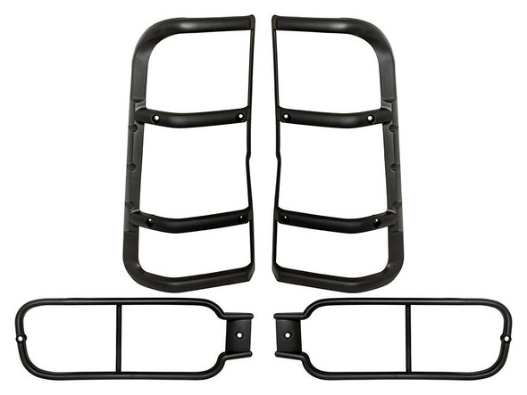 Direct Replacement Rear Bumper & Rear Upper Set Lamp Guard Pair for Discovery 2, black metal guards for rear bumper and upper lamps shown.
