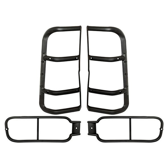 Direct Replacement Rear Bumper & Rear Upper Set Lamp Guard Pair for Discovery 2, black metal guards for rear bumper and upper lamps shown.