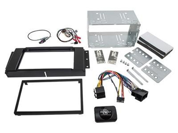 Britpart Freelander 2 Double Din Radio Install Kit, image of various installation components including metal brackets, wiring, and display frames.