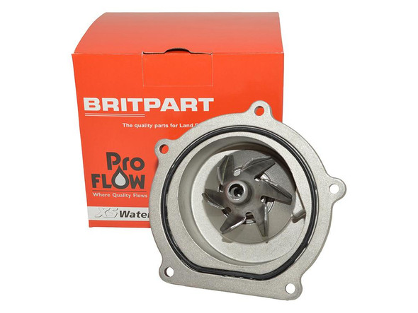 PROFLOW Freelander 1 2.0TD XS Water Pump OE Quality, automotive water pump with metal impeller and gasket, shown with packaging in the background.