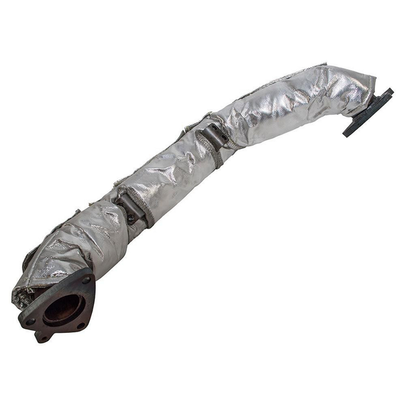 Britpart Exhaust Crossover Pipe for Discovery 4 2.7 TdV6, vehicle exhaust crossover pipe covered in heat shield material with flange connection at one end.