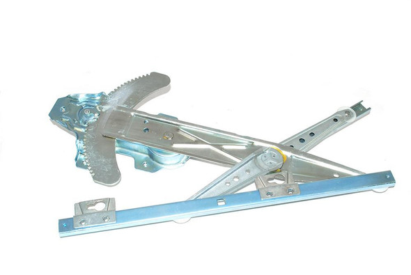 Direct Replacement Front Left Hand Manual Window Regulator for Defender - ALR4532, car window mechanism in metallic finish with gears and support arms.