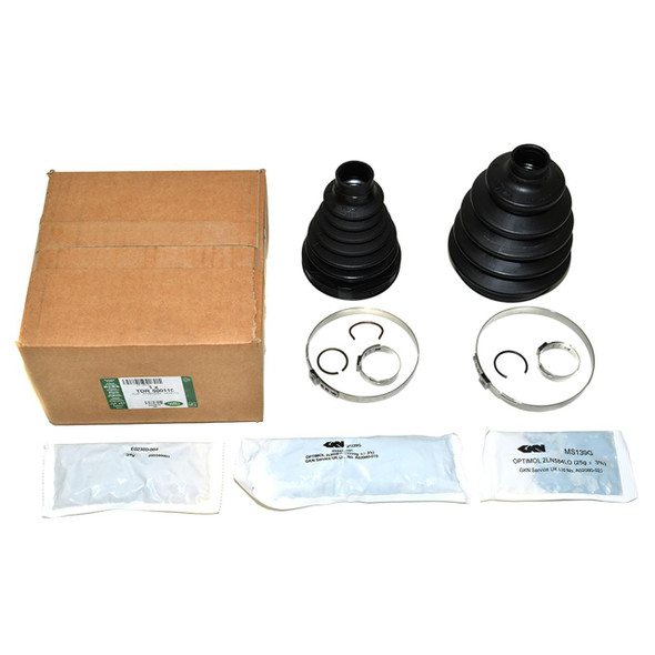 Direct Replacement Front Driveshaft CV Boot Kit for V8 Auto & TDV6 Manual Discovery 3/4 & Range Rover Sport, black CV boots with metal clamps, lubricant packets, and packaging box for automotive repairs. Direct Replacement Front Driveshaft CV Boot Kit for V8 Auto & TDV6 Manual Discovery 3/4 & Range Rover Sport, black CV boots with metal clamps, lubricant packets, and packaging box for automotive repairs.