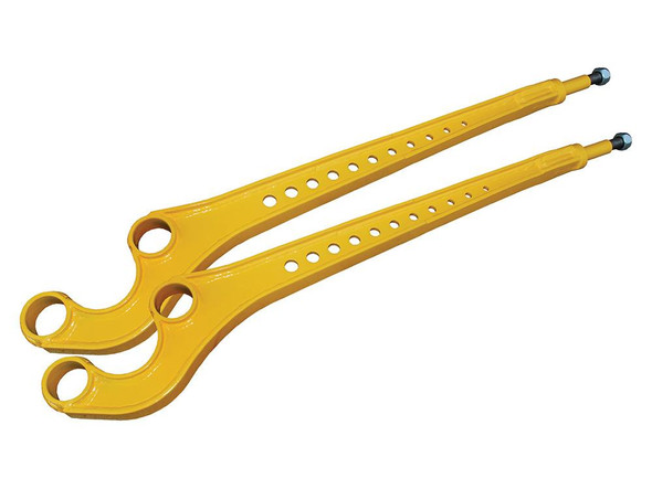 Britpart Discovery 1 3-Degree Castor Corrected Heavy-Duty Front Radius Arms, yellow metal steering components for off-road vehicles.