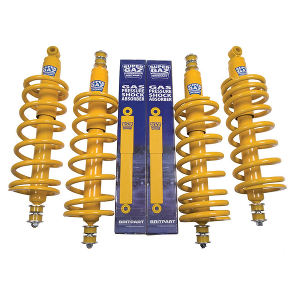 Britpart Super Gaz Suspension Kit Light Load Plus 40mm for Discovery 1, yellow shock absorbers with coil springs and packaging boxes, designed for vehicle suspension upgrade.