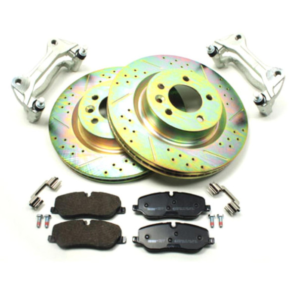 Terrafirma Discovery 3/4 Range Rover Sport Big Brake Upgrade Kit, premium ceramic brake pads with cross-drilled and grooved brake discs, including mounting brackets and hardware.