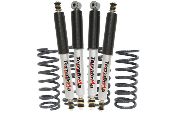 Terrafirma All-Terrain Heavy Load Standard Height Suspension Kit for Defender 110/130 1986-2016, black shock absorbers and coiled springs for off-road vehicle suspension enhancement