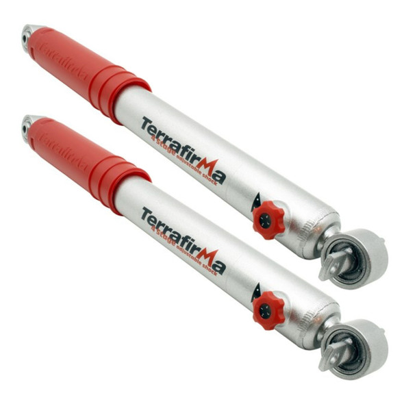 Terrafirma Front Shock Absorbers 4 Stage Adjustable +3" TERRAFIRMA TF178 for Discovery 2, pair of silver and red adjustable shock absorbers with telescopic design.