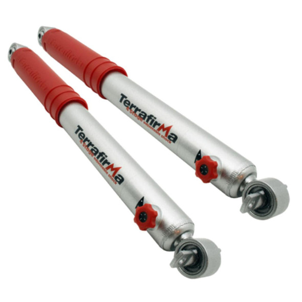 Terrafirma Front Shock Absorbers 4 Stage Adjustable +3" TERRAFIRMA TF178 for Discovery 2, pair of silver and red adjustable shock absorbers with telescopic design.
