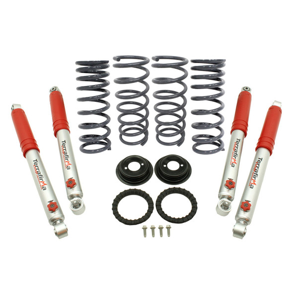 Terrafirma 2" Suspension Lift Medium Load Springs with 4-Stage Adjustable Shock Absorbers for Discovery 2, showcasing a set of coil springs, shock absorbers with red covers, mounting rings, and screws for vehicle suspension enhancement.