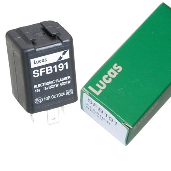 Lucas Indicator Flasher Relay LUCAS for Defender, black electronic flasher relay with white label and metal pins, packaged in green box.
