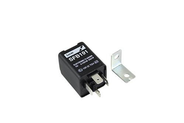 Lucas Indicator Flasher Relay LUCAS for Defender, compact black electrical relay with mounting bracket and electrical terminals.