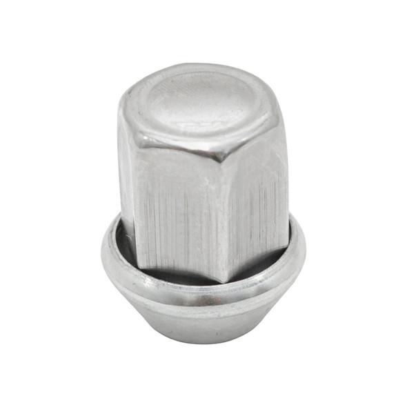 Product: Direct Replacement Alloy Wheel Nut for Freelander 2, Discovery Sport, Range Rover Evoque, and Range Rover Velar, close-up image of a shiny silver alloy wheel nut.