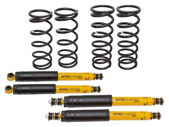 Old Man Emu OME Medium Duty Suspension Kit, image showing black coil springs and yellow shock absorbers for Defender 90.