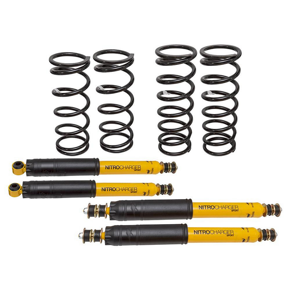 Old Man Emu OME Medium Duty Suspension Kit, image showing 4 black coil springs and 4 yellow shock absorbers for Defender 90.