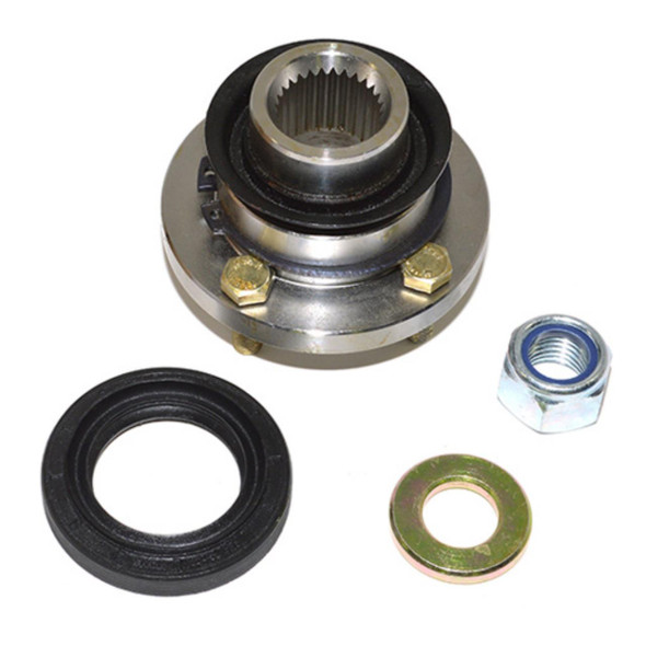 Direct Replacement Transfer Box Front Output Drive Flange for Defender 300tdi, td5, 2.4/2.2 Tdci, image of automotive car part with flange, seal, nut, and washer for vehicle repair. Direct Replacement Transfer Box Front Output Drive Flange for Defender 300tdi, td5, 2.4/2.2 Tdci, image of automotive car part with flange, seal, nut, and washer for vehicle repair.