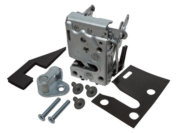 Britpart Front Right Hand Door Latch Repair Kit for Defender, automotive door latch repair kit with metal components and mounting screws.
