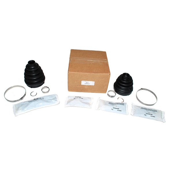 Britpart Front Driveshaft CV Boot Kit For Automatic Discovery 3/4 & Range Rover Sport, image showing new CV boot kits with black rubber boots, metal clamps, and packaging.