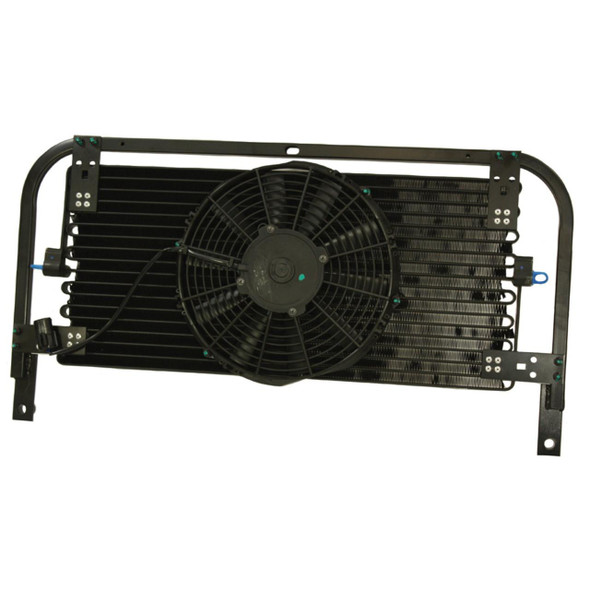 OEM Parts Air Conditioning Condenser with Fan and Frame for Defender, black metal radiator with mounted cooling fan in front, designed for vehicle cooling system.