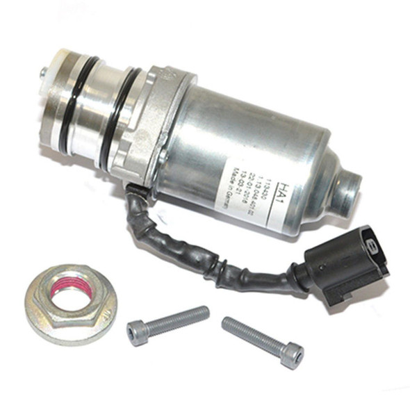 Product OEM Parts Haldex Oil Pump (OEM) for Range Rover Evoque & Freelander 2, metallic oil pump with electrical connector and mounting hardware.