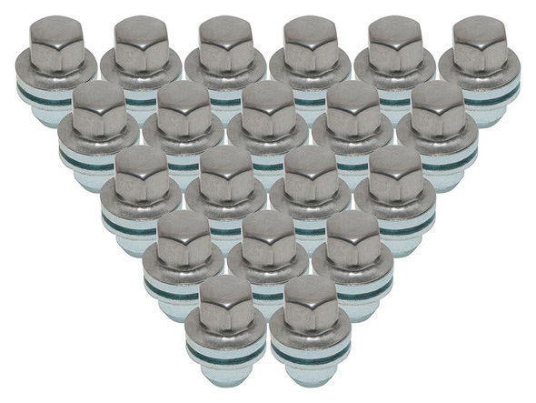 Direct Replacement Alloy Wheel Nut Set Of 20 for Discovery 4, metallic wheel nuts arranged in a triangle pattern.