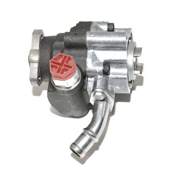 OEM Power Assisted Steering Pump for Defender TD5 (1998-2006), a metal automotive part with a red cap, designed for Defender vehicles.