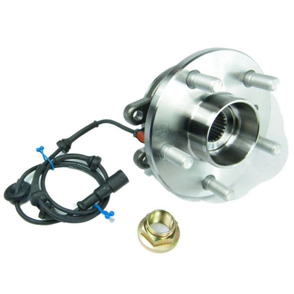 OEM Parts Front OEM Wheel Bearing Hub Assembly With ABS Sensor for Discovery 2, a metallic wheel hub with multiple bolts and a connected wiring harness for vehicle wheel assembly.