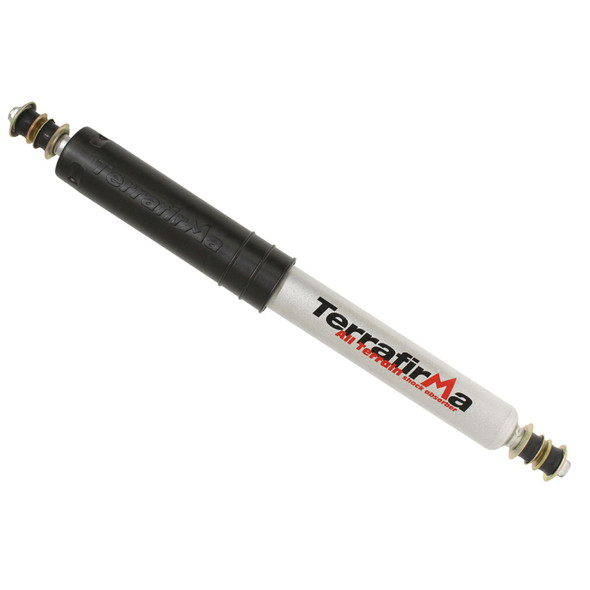 Terrafirma Defender/Discovery 1 All-Terrain Front Shock Absorber | TF116, black and silver shock absorber with mounting eyes at both ends for off-road vehicle suspension.