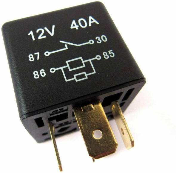 Product: Direct Replacement 4-Pin Normally Open Relay for Discovery 2 & Range Rover P38, image of a black relay with pin connections and electrical diagram printed on top.