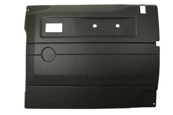 Terrafirma Defender Black Front Right Hand Door Card for Push Button & Electric Windows, automotive door panel with cutouts and mounting holes.