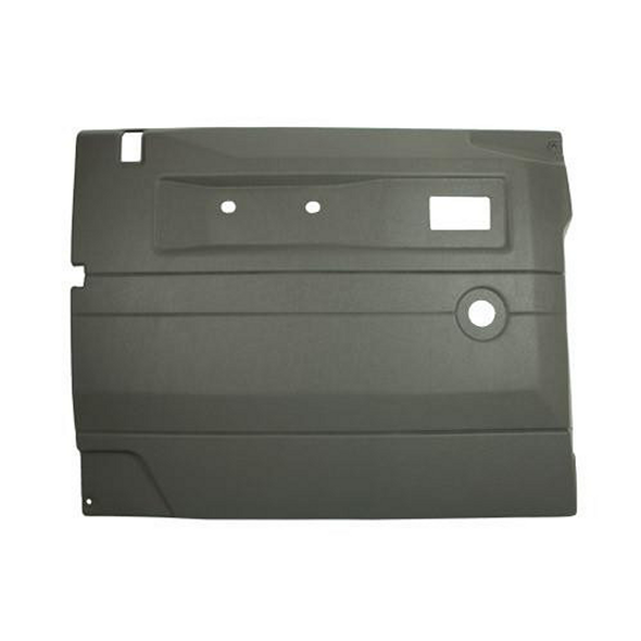Terrafirma Defender Light Grey Front Left Hand Door Card for Push Button & Manual Windows, showing a grey door panel with cutouts and mounting points.