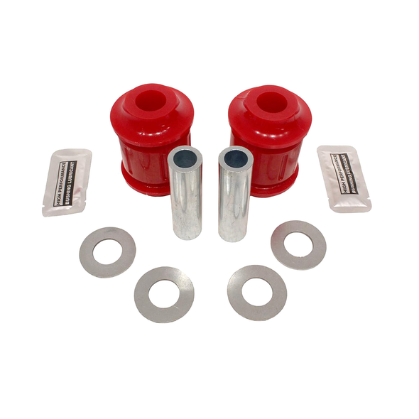 Terrafirma Discovery 2 Front And Rear Radius Arm Chassis End Bush Kit (RBX101730), image shows red bushings, metal sleeves, washers, and lubricant packets.