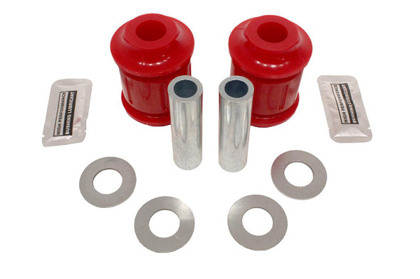 Terrafirma Discovery 2 Front And Rear Radius Arm Chassis End Bush Kit (RBX101730), image shows red bushings, metal sleeves, washers, and lubricant packets.