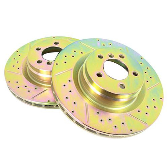 Terrafirma Font Brake Disc for Range Rover L322, OEM - LR031843, two colourful brake discs with drilled holes and metallic finish.