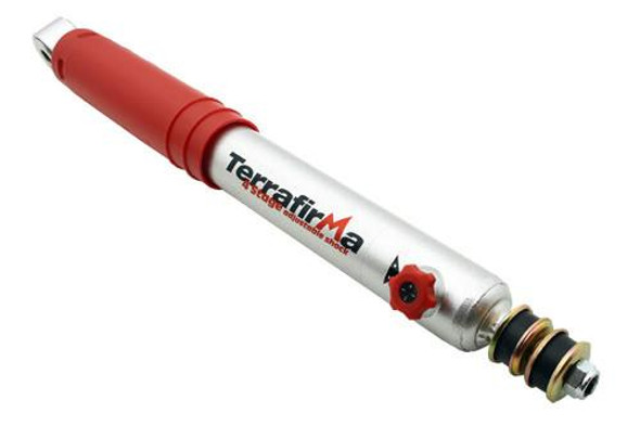 Terrafirma Adjustable 4-Stage Shock Absorbers for Defender & Discovery 1, close-up view of the red and silver shock absorber with brand logo and adjustment knob.