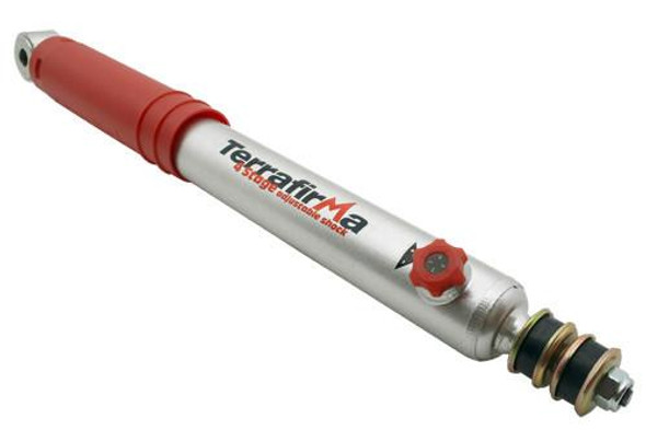 Terrafirma 4-Stage Adjustable Rear Shock Absorber +2" for Defender/Discovery 1, close-up of the shock absorber with red top and adjustable features.