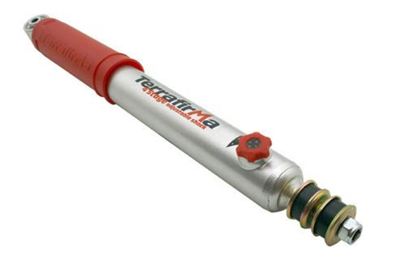 Terrafirma Range Rover P38 4-Stage Adjustable Front Shock Absorber Plus 2 inch, automotive suspension component with red and silver finish and adjustable knob.