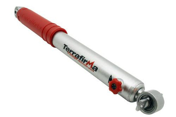 Terrafirma Discovery 2 4-Stage Adjustable Front Shock Absorber Plus 3 inches, silver and red shock absorber with adjustable knob and mounting eye