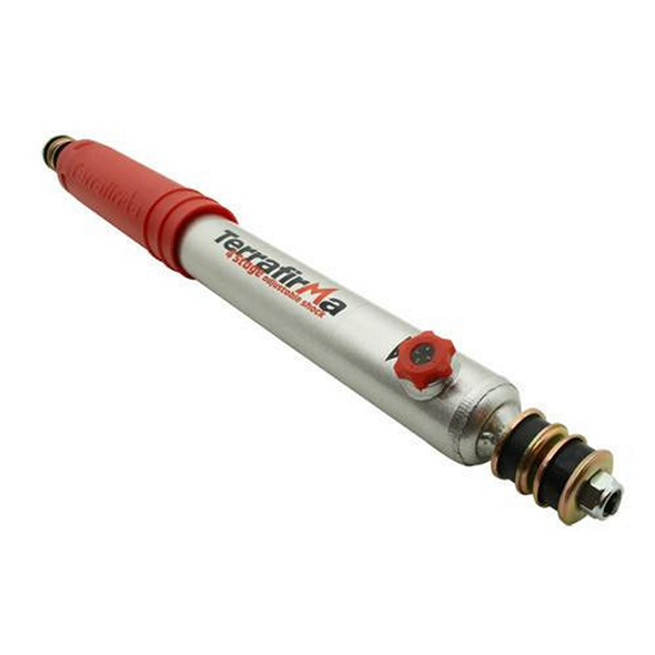 Terrafirma 4-Stage Adjustable Front Shock Absorber +2" for Defender/Discovery 1, image of a red and silver shock absorber with adjustable features.