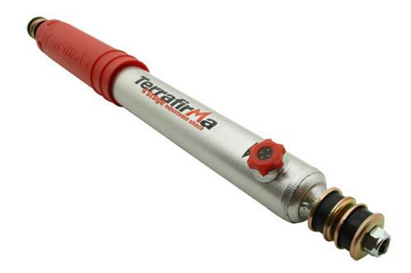 Terrafirma 4-Stage Adjustable Front Shock Absorber +2" for Defender/Discovery 1, image of a red and silver shock absorber with adjustable features.