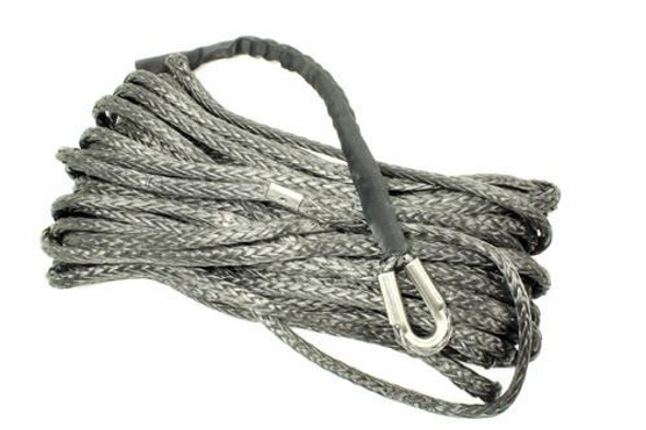 Terrafirma Grey 25M 10mm Synthetic Winch Rope For A12000 And M12.5S, coiled grey synthetic winch rope with metal hook and protective cover.