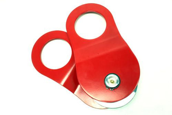 Terrafirma Snatch Block With Grease Fitting, red heavy-duty pulley block with a grease fitting for vehicle recovery and off-road applications.