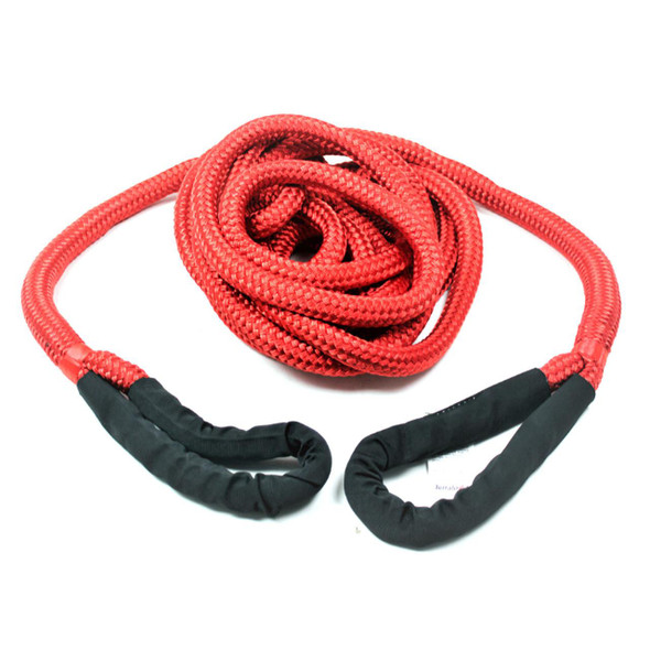 Terrafirma 13000Kg 9M Kinetic Recovery Rope, bright red rugged nylon recovery rope with black padded hooks for vehicle recovery.