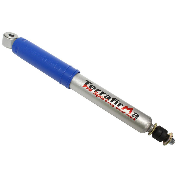 Terrafirma Pro-Sport Rear Shock Absorber for Defender & Discovery 1, image showing a close-up of the blue and silver shock absorber with branding on the body and metal mounting points on both ends.