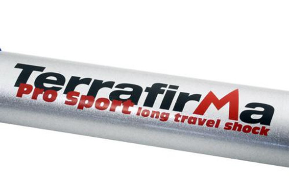 Terrafirma Pro-Sport Rear Shock Absorber for Defender & Discovery 1, close-up view of the shock absorber with branding and product details.