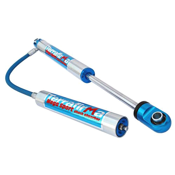 Terrafirma Defender/Discovery 1 Mega Sport 11" Travel Front/Rear Remote Reservoir Shock, car suspension shock absorber with blue and silver components and a flexible blue hose