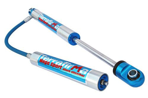 Terrafirma Defender/Discovery 1 Mega Sport 11" Travel Front/Rear Remote Reservoir Shock, car suspension shock absorber with blue and silver components and a flexible blue hose