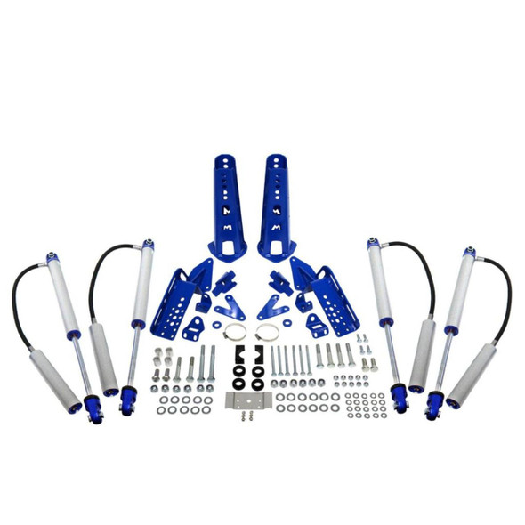 Terrafirma Defender/Discovery 1 Mega Sport 11" Travel Shock Absorber Kit, blue shock absorbers with mounting hardware and brackets for off-road vehicle suspension upgrade.